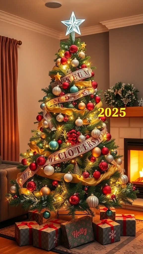 Festive Christmas Tree Decorating Ideas for 2025 A decorated Christmas tree with lights and ornaments in a cozy living room setting.